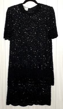 JKara Vintage Black 100% Silk Tiered Highly Embellished Dress Lined Size Large